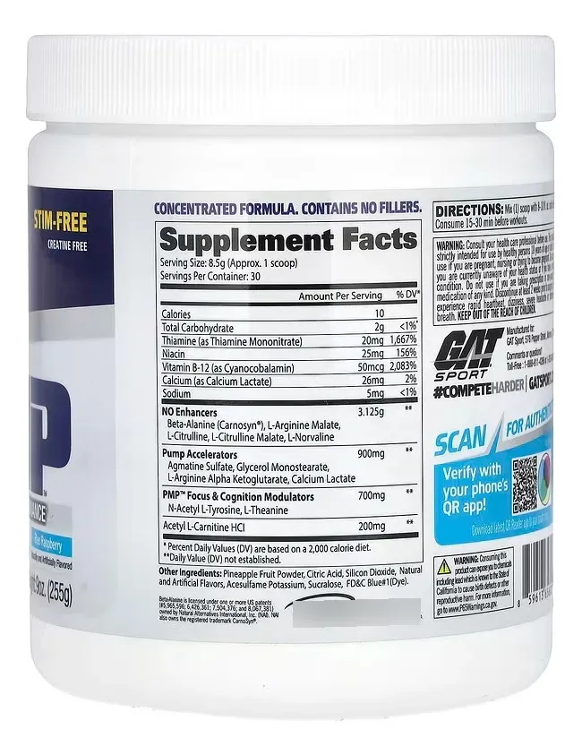 Pre Entreno PMP Sin Creatina Sin Cafeína Gat Sport 30 Serv - Imagen 2