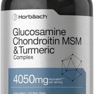 Glucosamina condroitina MSM con cúrcuma Fórmula de triple fuerza 4050 mg sin OMG y sin gluten Articulaciones cartilago ligamentos tendones flexibilidad regeneración bienestar Horbäach 180 cap