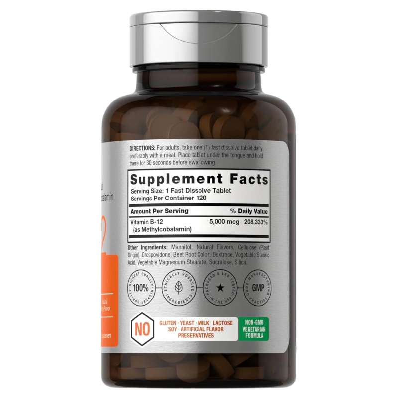 Vitamina B12 5000 mcg Energía Metabolismo Sistema Nervioso Glóbulos Rojos Cerebro Horbäach 120 tab - Imagen 3