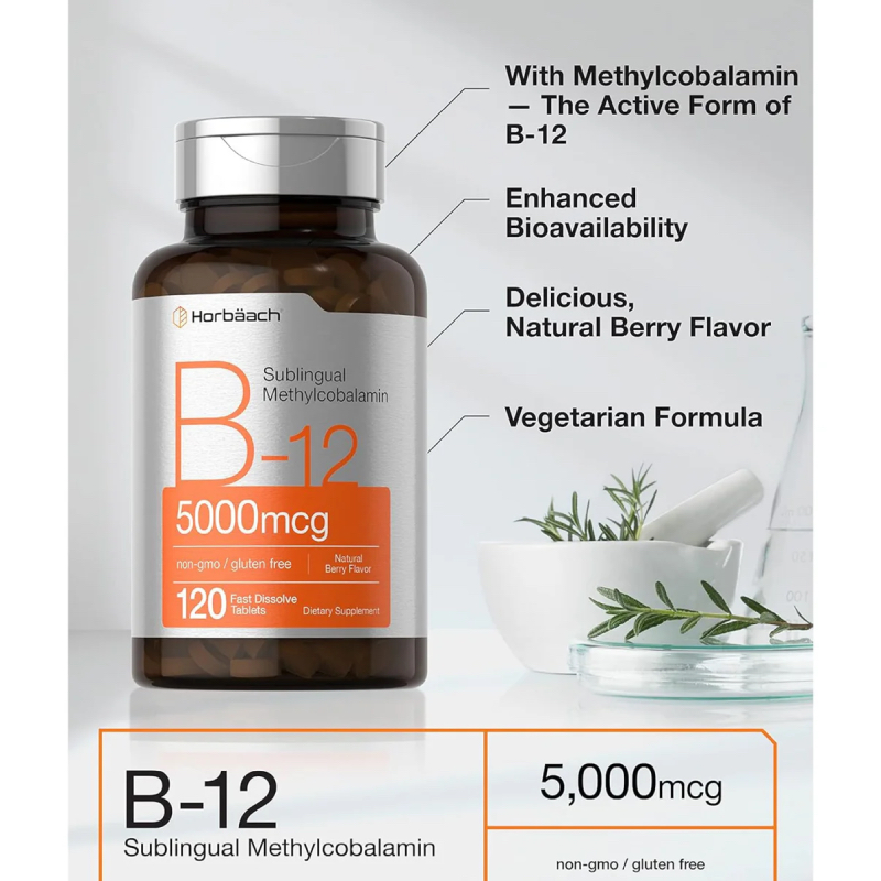 Vitamina B12 5000 mcg Energía Metabolismo Sistema Nervioso Glóbulos Rojos Cerebro Horbäach 120 tab - Imagen 4