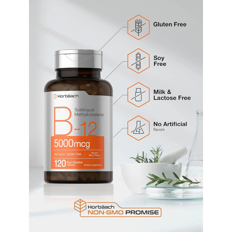 Vitamina B12 5000 mcg Energía Metabolismo Sistema Nervioso Glóbulos Rojos Cerebro Horbäach 120 tab - Imagen 5
