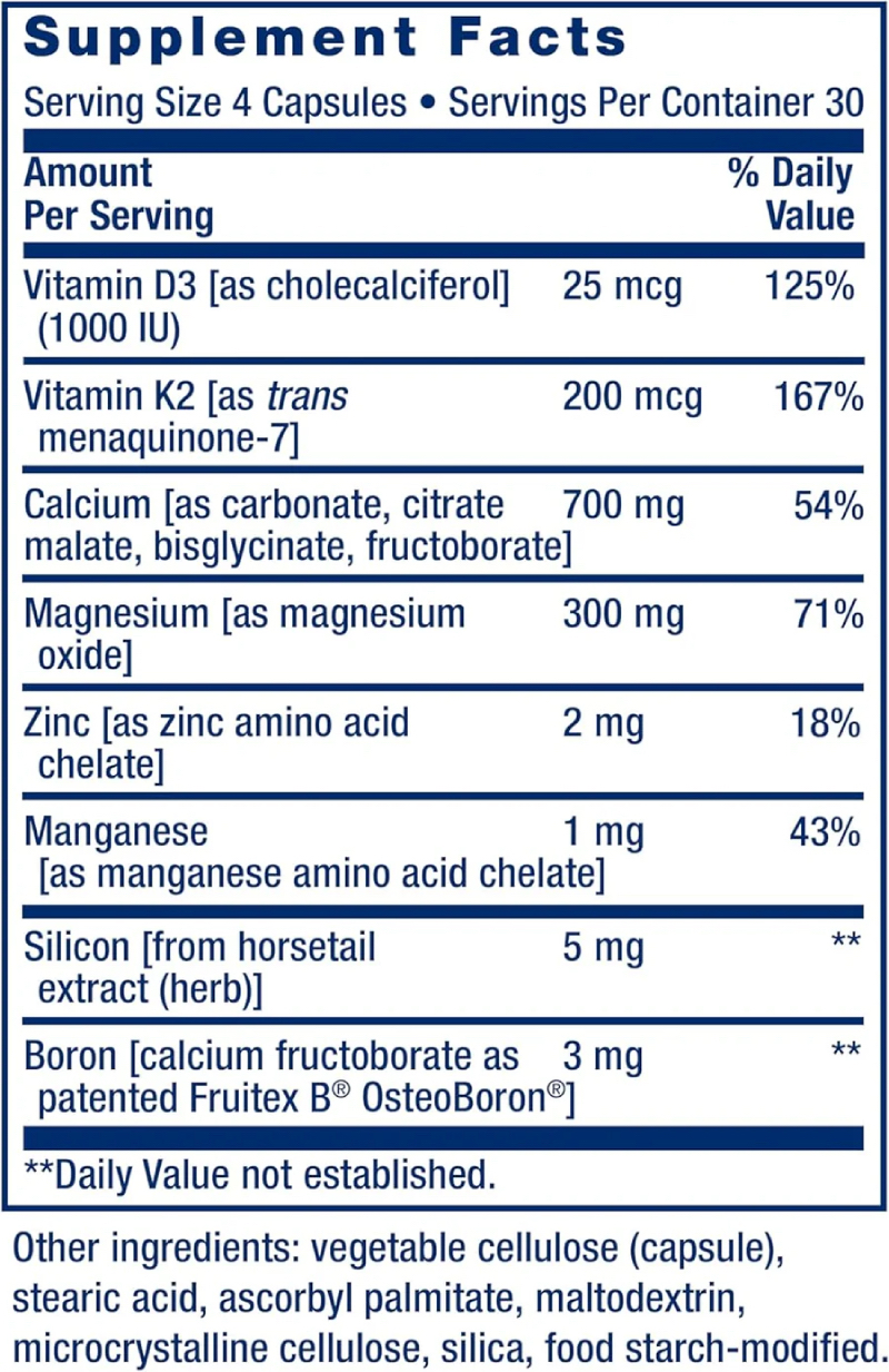 Bone Restore 3 tipos de calcio absorbible con vitamina D3 K2 Huesos fuertes Vitaminas D3 K2 Minerales Life Extension 120 cap - Imagen 4