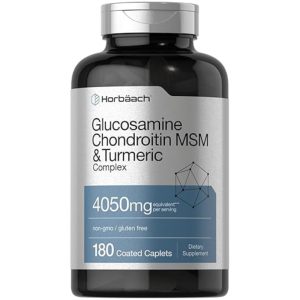 Glucosamina condroitina MSM con cúrcuma Fórmula de triple fuerza 4050 mg sin OMG y sin gluten Articulaciones cartilago ligamentos tendones flexibilidad regeneración bienestar Horbäach 180 cap