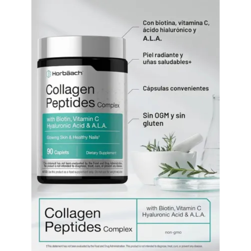 Colágeno Péptidos Biotina Vitamina C Ácido Hialurónico Ácido Alfa Lipoico Horbaach 90 Cap - Imagen 4