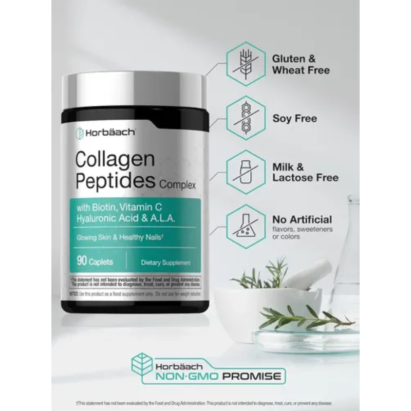 Colágeno Péptidos Biotina Vitamina C Ácido Hialurónico Ácido Alfa Lipoico Horbaach 90 Cap - Imagen 5