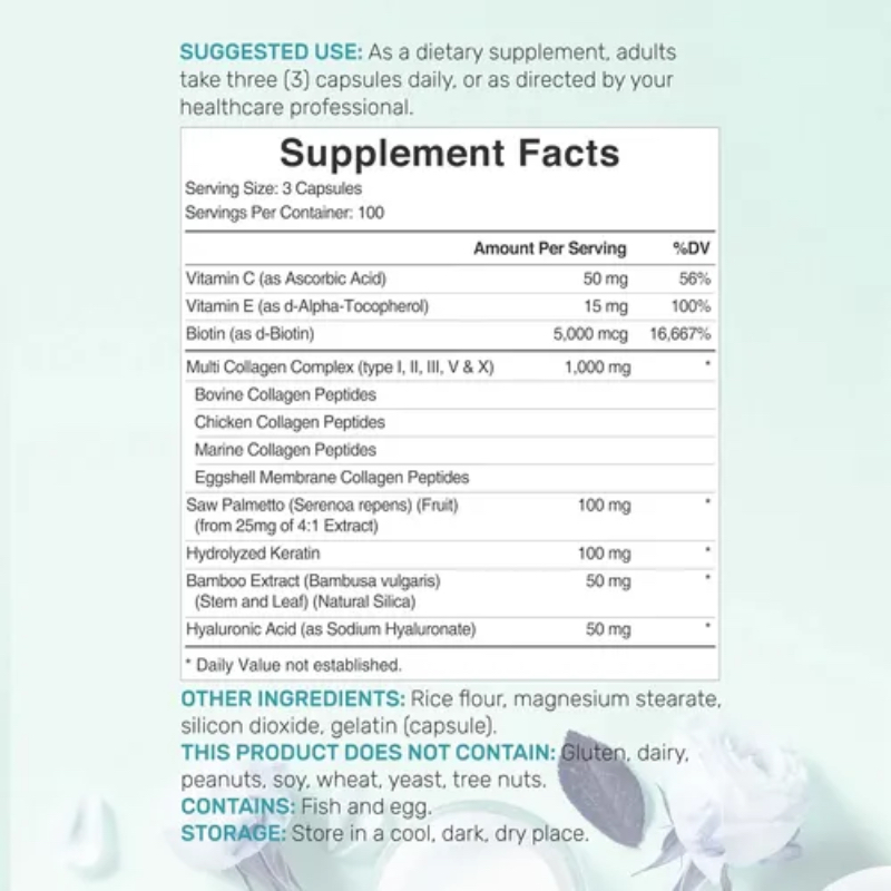Colágeno Péptidos Membrana Cáscara de Huevo Ácido Hialurónico Biotina Queratina Saw Palmetto Sílice vitamina C Fórmula 11 En Uno Deal Supplement 300 Cap - Imagen 2