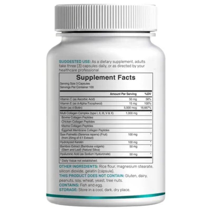 Colágeno Péptidos Membrana Cáscara de Huevo Ácido Hialurónico Biotina Queratina Saw Palmetto Sílice vitamina C Fórmula 11 En Uno Deal Supplement 300 Cap - Imagen 6